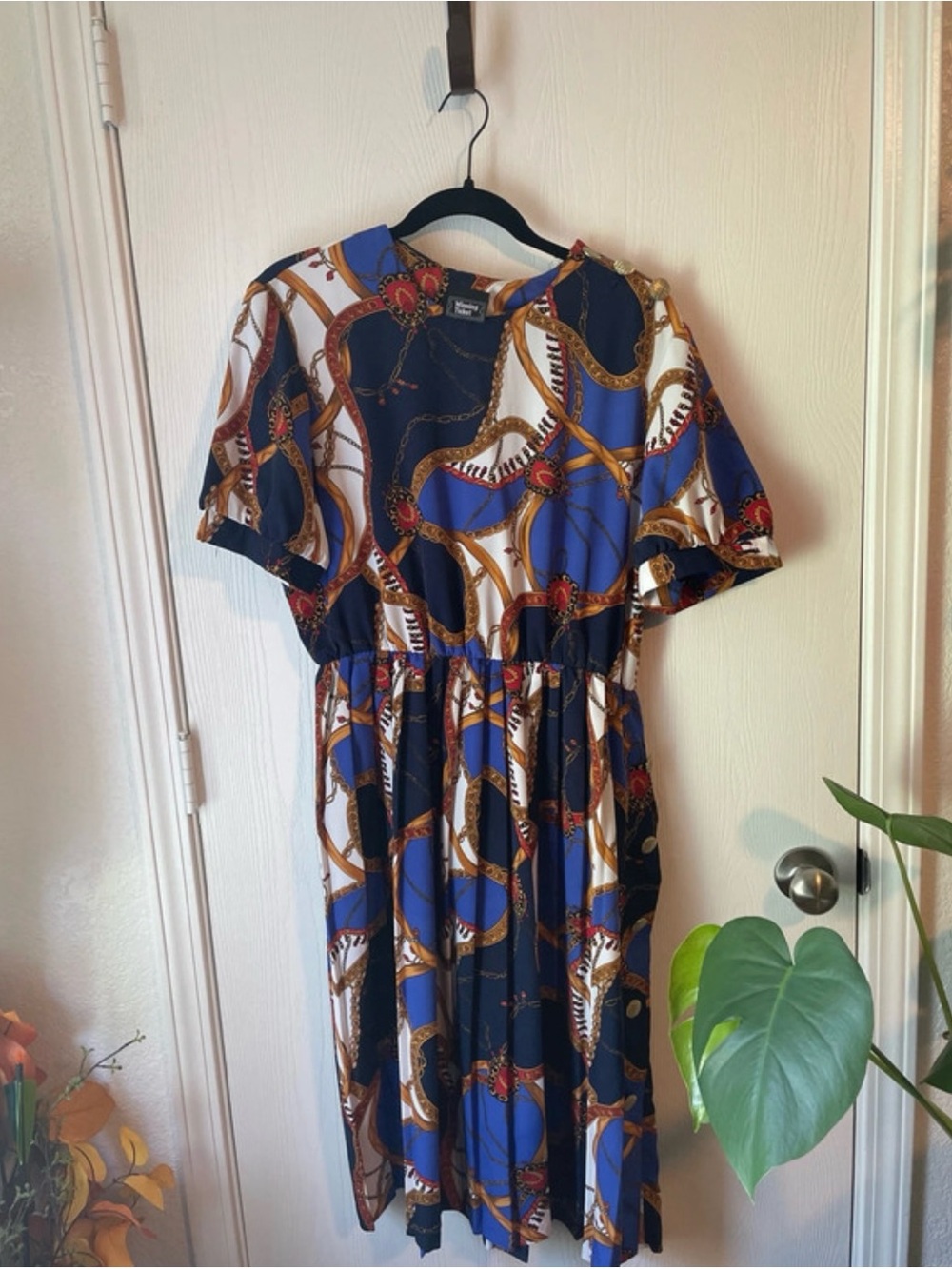 Blue & White Chain-Print Midi Dress